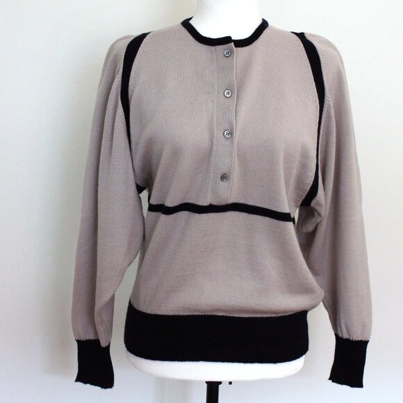70s Wool Tan Sweater Navy Trim Dolman Sleeves Sportscraft Knit Top - Picture 5 of 8